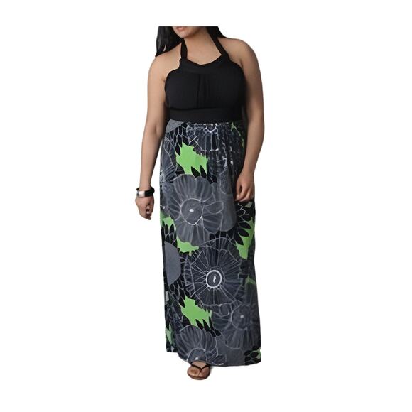 Lane Bryant Halter Neck Maxi Dress Black Green Floral Women's Plus Size 18/20 - Picture 1 of 12